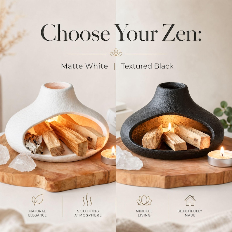 May include: A matte white and textured black ceramic incense holder with a curved design. The holders contain wooden incense sticks and are lit with candles. The text reads "Choose Your Zen".