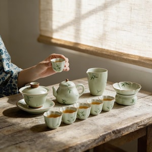 May include: A light green ceramic tea set with bamboo leaf designs. The set includes a teapot, cups, a pitcher, and a serving dish. The tea set is displayed on a rustic wooden table.