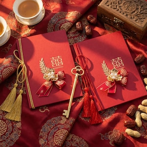 May include: Two red wedding invitation cards with gold accents and a gold key. Each card features a gold floral embellishment with pearls and a red ribbon. The cards are on a red patterned fabric, with tea cups and a wooden box in the background.