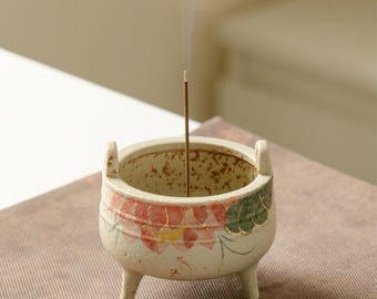 Ceramic Lotus Incense Holder | Tripod Incense Stick Burner | Smudge Bowl Tea Set