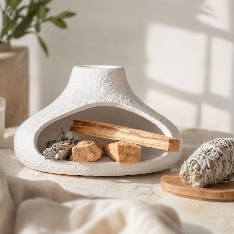 May include: A white, textured ceramic incense holder with an oval opening, containing pieces of wood, sage, and incense. A bundle of sage sits on a small wooden plate. The holder has a unique, modern design.