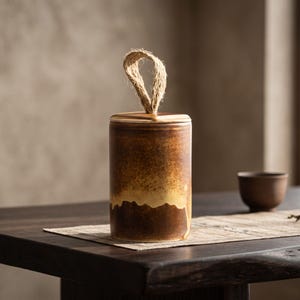 May include: A cylindrical ceramic canister with a mottled brown and tan glaze, featuring a flat lid topped with a looped jute twine handle. The container has a smooth finish with a distinct color gradient transitioning from dark brown to light tan.