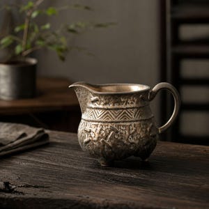 May include: A metallic creamer jug with a textured, weathered bronze finish. The vessel features a wide spout, a curved handle, and three small feet. A horizontal band with a repeating chevron pattern encircles the upper body.