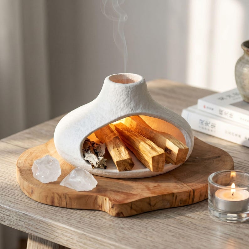 May include: A white ceramic incense holder with a unique shape, holding burning palo santo sticks. The holder sits on a wooden board, accompanied by clear quartz crystals and a lit tea light candle. Smoke rises from the incense.