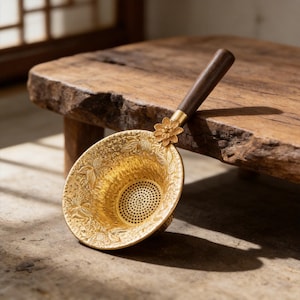 May include: A gold-colored tea strainer with a floral design and a dark wooden handle. The strainer has a decorative flower accent where the handle meets the strainer. The tea strainer is resting on a wooden surface.