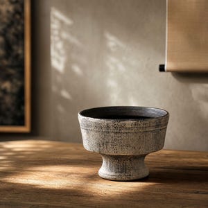 May include: A pedestal bowl featuring a textured, distressed white and grey finish on the exterior with a smooth, dark charcoal interior. The bowl has a wide, open top that tapers down to a sturdy, circular base, showcasing a weathered appearance.
