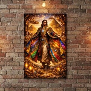 May include: A framed canvas print depicting a figure in a gold and rainbow-colored robe, standing in front of pyramids. The artwork has a warm color palette with gold, red, and blue hues. The background features a sunset and ornate architectural details.