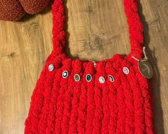 Handmade Chunky Yarn Handbag with Trending Rhinestone, Knit Tote Bag, Aesthetic Coquette Purse, Trendy Gift for Her