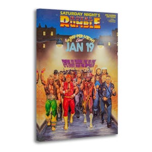 May include: A framed print of a vintage wrestling event poster. The poster features the text "Saturday Night's Royal Rumble" with the date "Jan 19" prominently displayed. A crowd of wrestlers is depicted in the foreground.