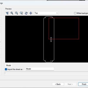 May include: Screenshot of a DXF/DWG import settings window. The window displays options for font properties, input file properties, output file properties, and drawing sheet scale. A preview area shows a black rectangle with a white outline.