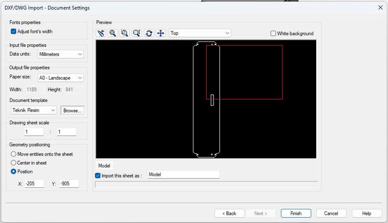 May include: Screenshot of a DXF/DWG import settings window. The window displays options for font properties, input file properties, output file properties, and drawing sheet scale. A preview area shows a black rectangle with a white outline.