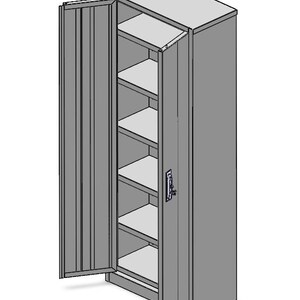 May include: A gray metal storage cabinet with a single door ajar, revealing multiple shelves. The cabinet has a rectangular shape and a handle on the door. The shelves are evenly spaced inside the cabinet.