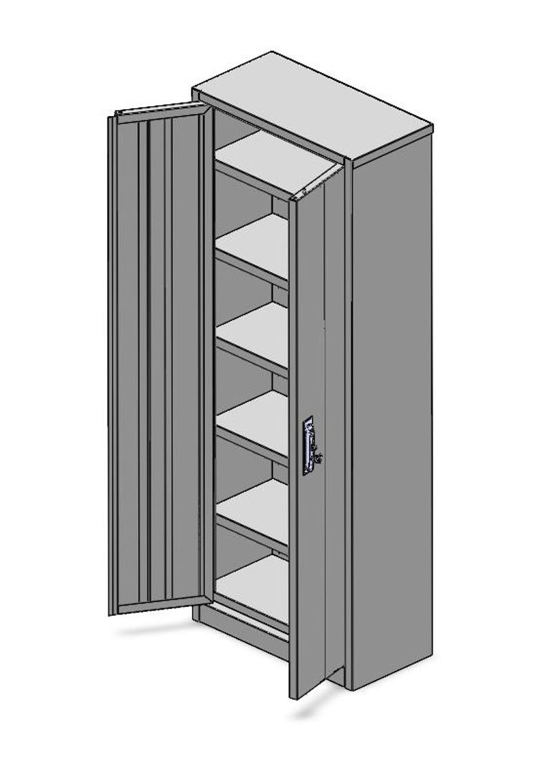 May include: A gray metal storage cabinet with a single door ajar, revealing multiple shelves. The cabinet has a rectangular shape and a handle on the door. The shelves are evenly spaced inside the cabinet.