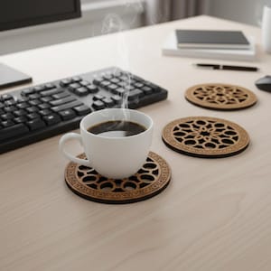 Puede incluir: Una taza de café blanca con café oscuro se encuentra sobre un posavasos de madera decorativo con un diseño geométrico. Hay dos posavasos adicionales cerca. Un teclado y un monitor de ordenador están en el fondo.