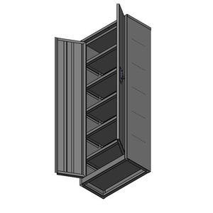 May include: A gray metal cabinet with two doors, one partially open, revealing multiple shelves. The cabinet has a vertical, ribbed design on the door. The interior shelves are visible, and the cabinet is set against a white background.