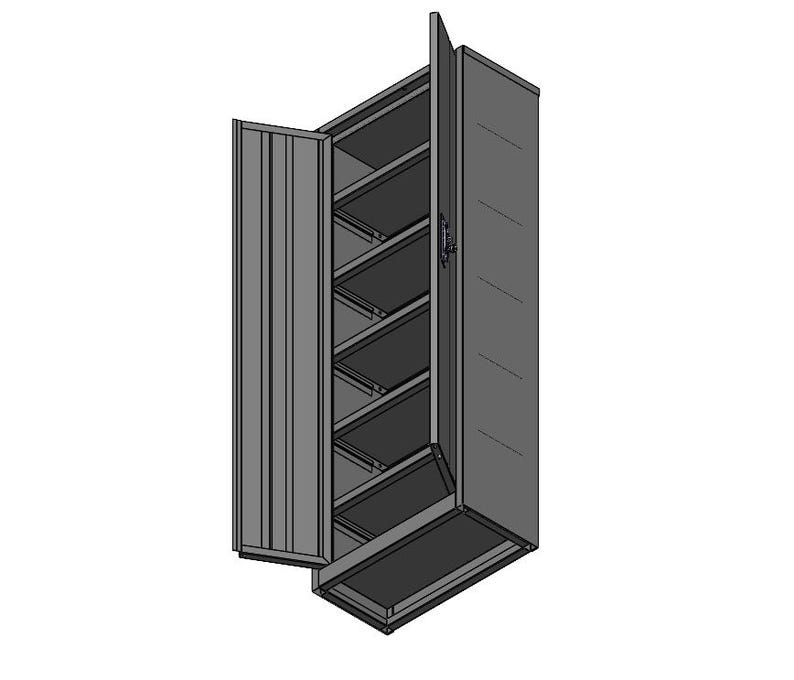 May include: A gray metal cabinet with two doors, one partially open, revealing multiple shelves. The cabinet has a vertical, ribbed design on the door. The interior shelves are visible, and the cabinet is set against a white background.