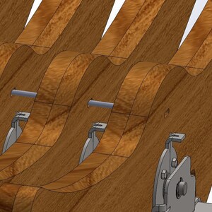 May include: Close-up of a wooden structure with curved, wave-like patterns. The wood has a warm, brown tone. Metal fasteners and hinges are visible, suggesting a mechanical or furniture component.