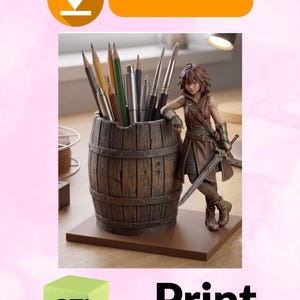 May include: A brown wooden barrel-shaped pencil holder featuring a sculpted figure of a warrior leaning against the side. The warrior wears brown armor and holds a sword. The holder contains various pencils, pens, and brushes. Text reads instant download and Print READY.