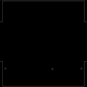 May include: A black, geometric design with a white outline. The design has a rectangular shape with cutouts on the top and sides, and three small circles at the bottom. The overall shape is symmetrical.