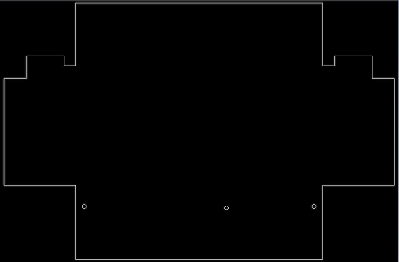 May include: A black, geometric design with a white outline. The design has a rectangular shape with cutouts on the top and sides, and three small circles at the bottom. The overall shape is symmetrical.