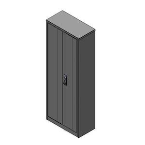 May include: A tall, gray metal cabinet with two doors and a handle. The cabinet is rectangular and stands upright, suitable for storage. The doors have vertical lines, and the handle is centered. The cabinet is a solid, neutral color.