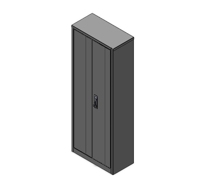 May include: A tall, gray metal cabinet with two doors and a handle. The cabinet is rectangular and stands upright, suitable for storage. The doors have vertical lines, and the handle is centered. The cabinet is a solid, neutral color.