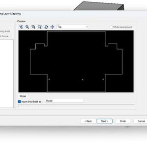 May include: A screenshot of a software interface for DXF/DWG import and drawing layer mapping. The interface includes options for showing layers, a preview window with a black shape, and buttons labeled "Back", "Next", "Finish", "Cancel", and "Help".