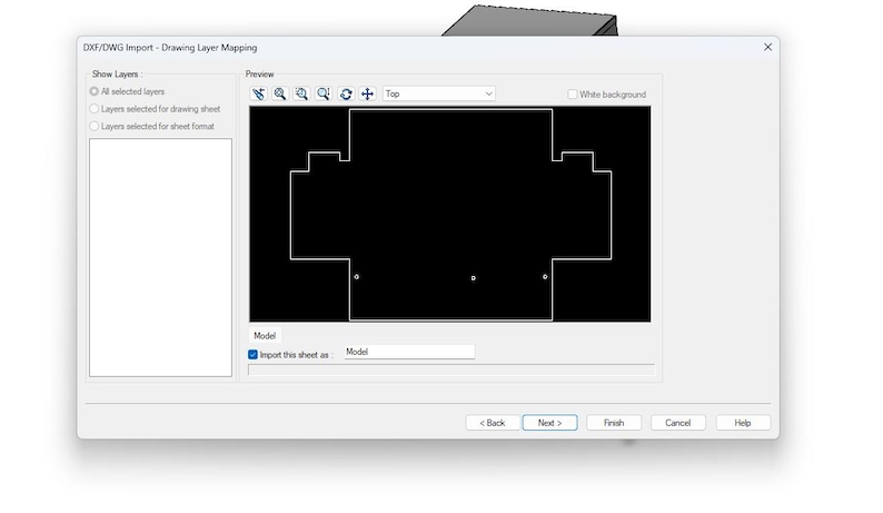 May include: A screenshot of a software interface for DXF/DWG import and drawing layer mapping. The interface includes options for showing layers, a preview window with a black shape, and buttons labeled "Back", "Next", "Finish", "Cancel", and "Help".