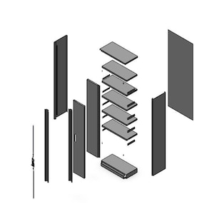 May include: An exploded view diagram of a gray cabinet or shelving unit, showing the individual components. The image includes side panels, shelves, doors, and supporting structures, all rendered in a simple, technical style.
