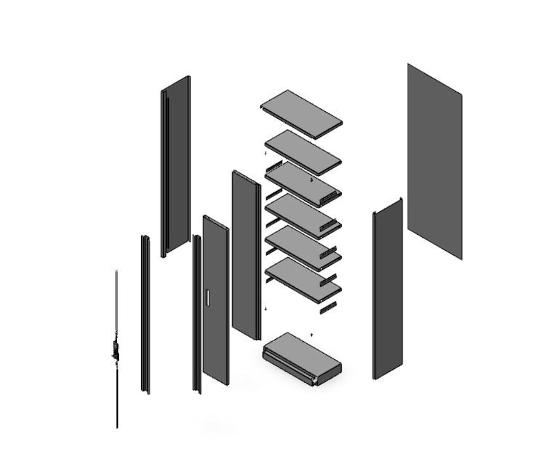 May include: An exploded view diagram of a gray cabinet or shelving unit, showing the individual components. The image includes side panels, shelves, doors, and supporting structures, all rendered in a simple, technical style.