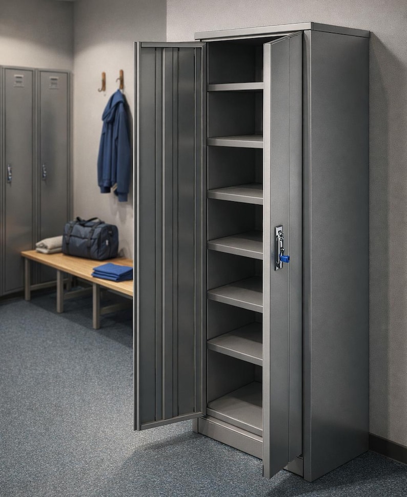 May include: A gray metal locker with an open door revealing multiple shelves. The locker has a vertical ribbed design on the door. A blue key is in the lock. The background shows a bench, coat rack, and other lockers.
