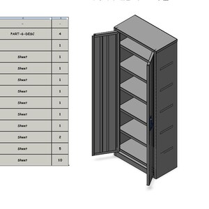 May include: A gray metal cabinet with multiple shelves and an open door, next to a table with a list of items. The cabinet has a simple, industrial design. The table has a grid of rows and columns with text.