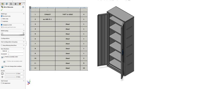 May include: A gray metal cabinet with multiple shelves and an open door, next to a table with a list of items. The cabinet has a simple, industrial design. The table has a grid of rows and columns with text.