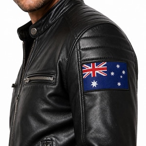 Men's Genuine Lambskin Leather Biker Jacket with Australia Flag Patch