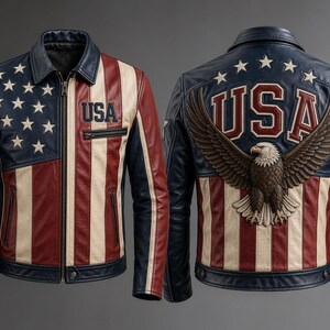 USA Flag Leather Jacket Men Vintage American Eagle Biker Jacket Patriotic Motorcycle Jacket Handmade Genuine Leather Gift