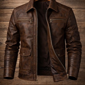 May include: A brown leather jacket with a classic design, featuring a collared neckline, multiple zippered pockets, and buttoned flap pockets. The jacket is hanging on a wooden hanger against a wooden background.