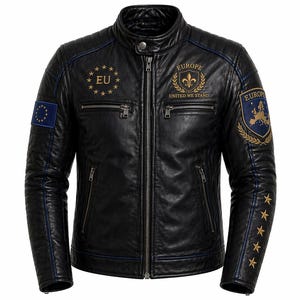 May include: Black leather jacket with a stand-up collar, zipper closure, and multiple pockets. Features blue accent stitching and gold embroidered details, including stars and the text "EUROPE UNITED WE STAND". Includes EU flag patches.