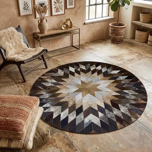 May include: A circular rug with a starburst pattern. The rug's geometric design uses brown, black, white, and tan tones. The rug is made from a natural material, adding a rustic feel to the room. The rug's diameter is approximately 200 cm.