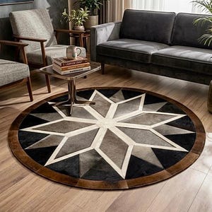 Handmade Round Cowhide Patchwork Rug - Star Pattern Leather Area Rug - Western Farmhouse Decor - Round Cowhide Carpet for Living Room