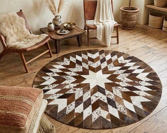 Handmade Round Cowhide Rug - Brown and White Star Patchwork Area Rug - Genuine Leather Cow Hair on Carpet - Luxury Rustic Home Floor Decor