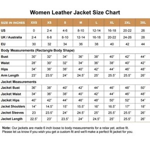 May include: A leather jacket size chart table titled Women Leather Jacket Size Chart. It displays columns for sizes XXS to 3XL, including US, UK, Australia, and EU sizing, body measurements for a rectangle body shape, and specific jacket measurements in inches.
