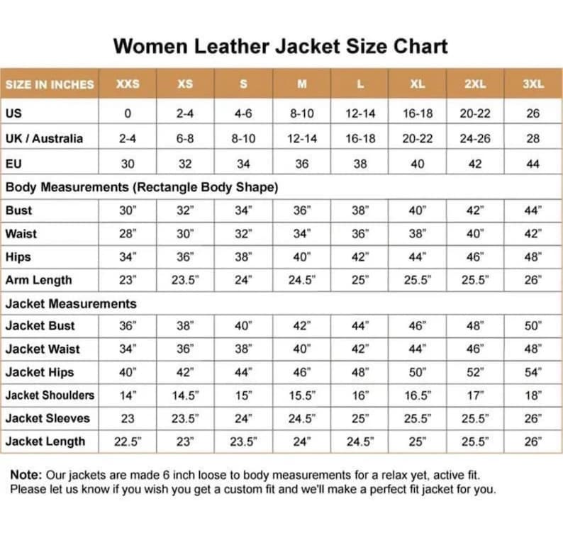 May include: A leather jacket size chart table titled Women Leather Jacket Size Chart. It displays columns for sizes XXS to 3XL, including US, UK, Australia, and EU sizing, body measurements for a rectangle body shape, and specific jacket measurements in inches.