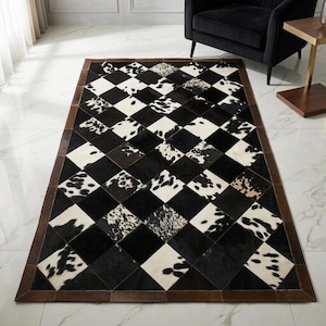 Handmade Diamond Cowhide Patchwork Rug, Brown White Genuine Leather Area Rug, Western Rustic Decor, Cow Hide Carpet, Harlequin Pattern Floor