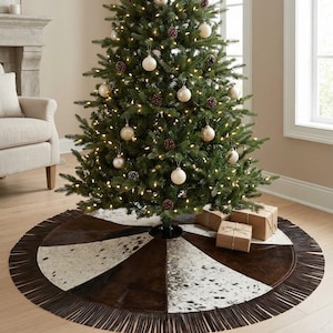 Handmade Cowhide Christmas Tree Skirt |  Custom Patchwork Hair on Hide Mat with Leather Fringe | Rustic Holiday Decor