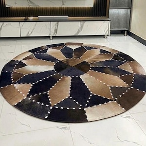 Handmade Cowhide Patchwork Rug - Round Brown & Black Leather Area Carpet - Genuine Hair on Hide Floor Decor - Luxury Custom Cow Skin Rug