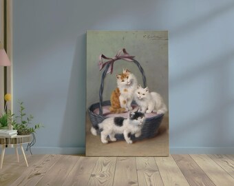 Cats in the Basket Canvas Print – Sophie Sperlich Vintage Realistic Animal Genre Paintings Home Decor