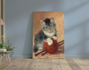 Henriette Ronner-Knip Kitten with Yarn Canvas Print – Vintage Cat Painting Home Decor