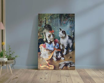 Mischievous Kittens Canvas Print – Carl Reichert Vintage Animal Art Style Cat Home Decor