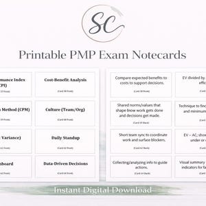 May include: Printable PMP Exam Notecards with key project management terms. Includes cards for Cost Performance Index, Critical Path Method, and more. Instant digital download.