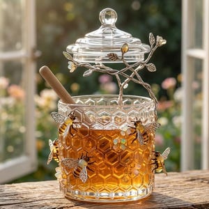 Honeycomb Glass Honey Pot with Wooden Dipper and Beehive Lid Decorative Honey Jar for Kitchen Decor